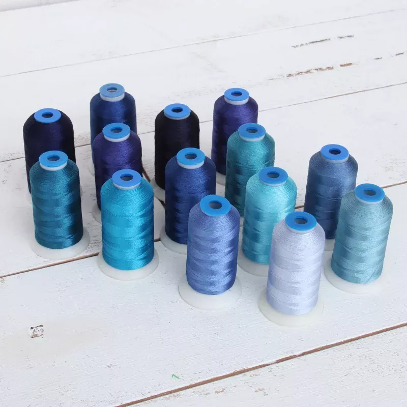 14 Cone Blue Color Builder Polyester Thread Set – 1000m Cones – Brilliant Finish