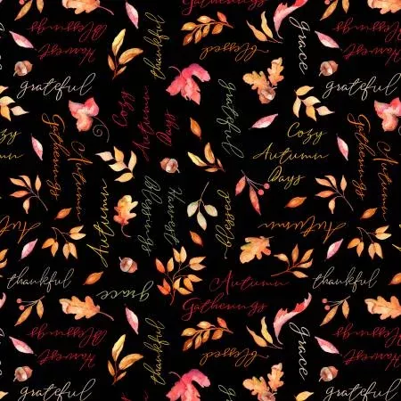 33866-983 AUTUMN DAY Black Autumn Words Allover