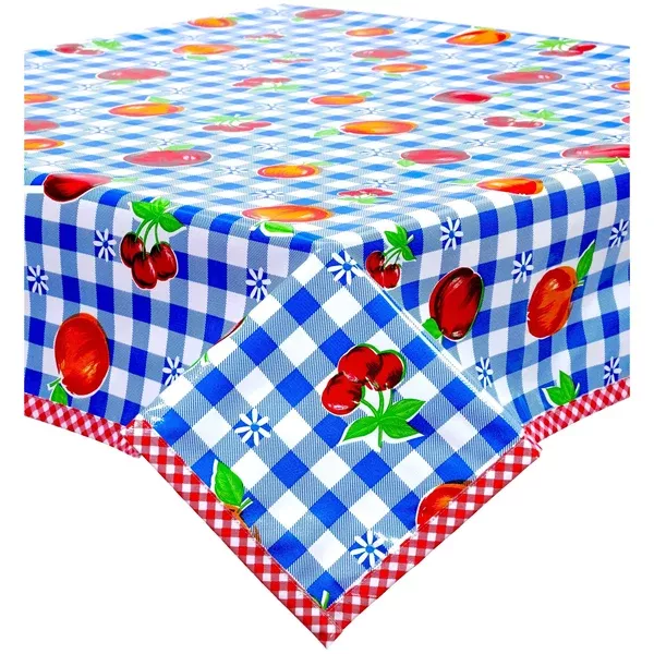 52x110" Gingham and Fruit Blue Oilcloth Tablecloth