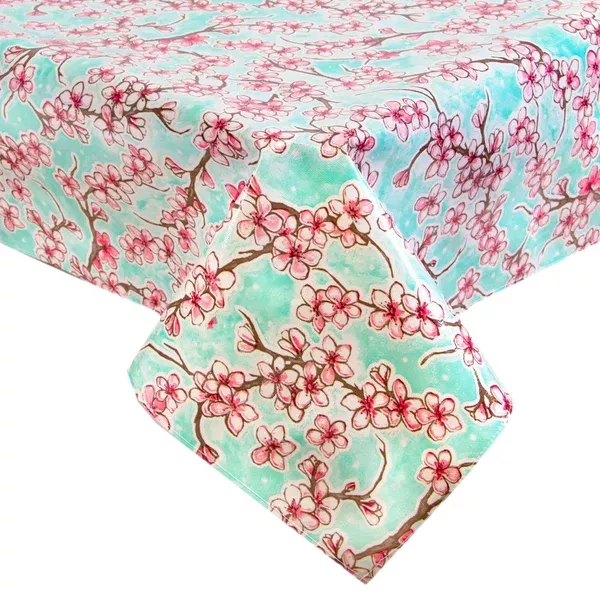 55x81" Cherry Blossom Aqua Oilcloth Tablecloth