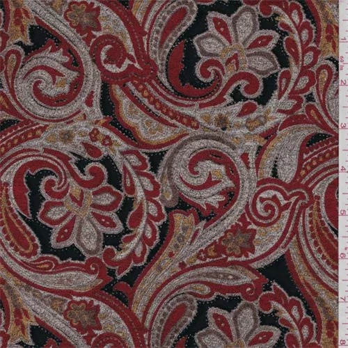 7 1/4 YD PC-Crimson Red/Tan Scroll Chenille Fabric