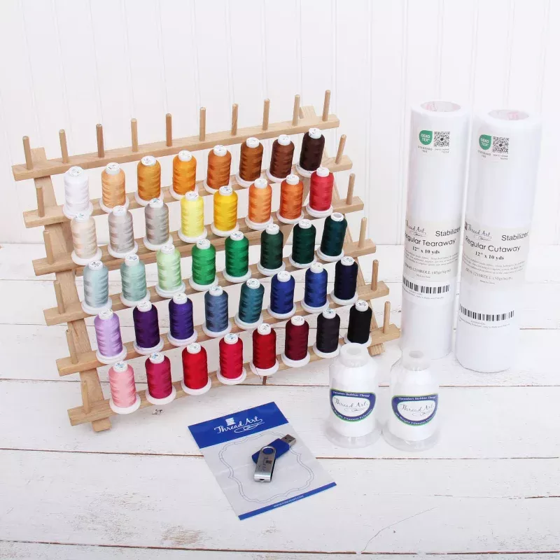 All-In-One Embroidery Machine Starter Set With Threads, Designs, Stabilizer, Bobbins, & Rack