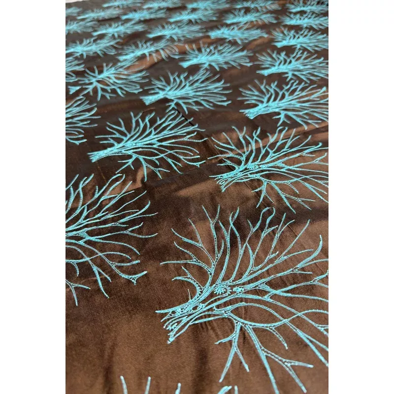 Aqua Tree on Chocolate Embroidered Silk