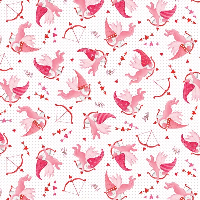 Be My Gnomie White Cupid Gnomes Yardage by Andi Metz for Benartex