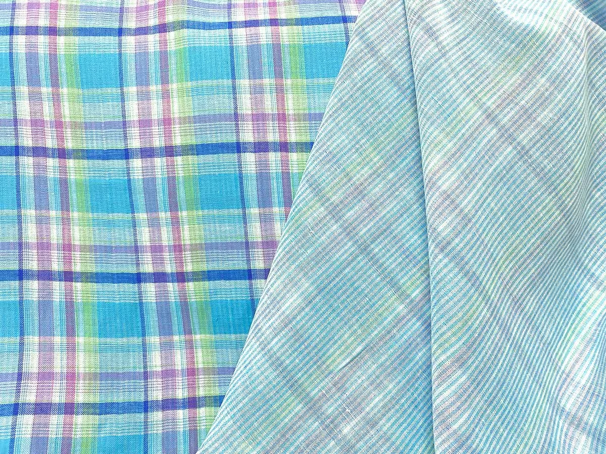 Beachcomber Reversible Cotton Gauze Fabric - Color combo 18 Aqua + White Stripe