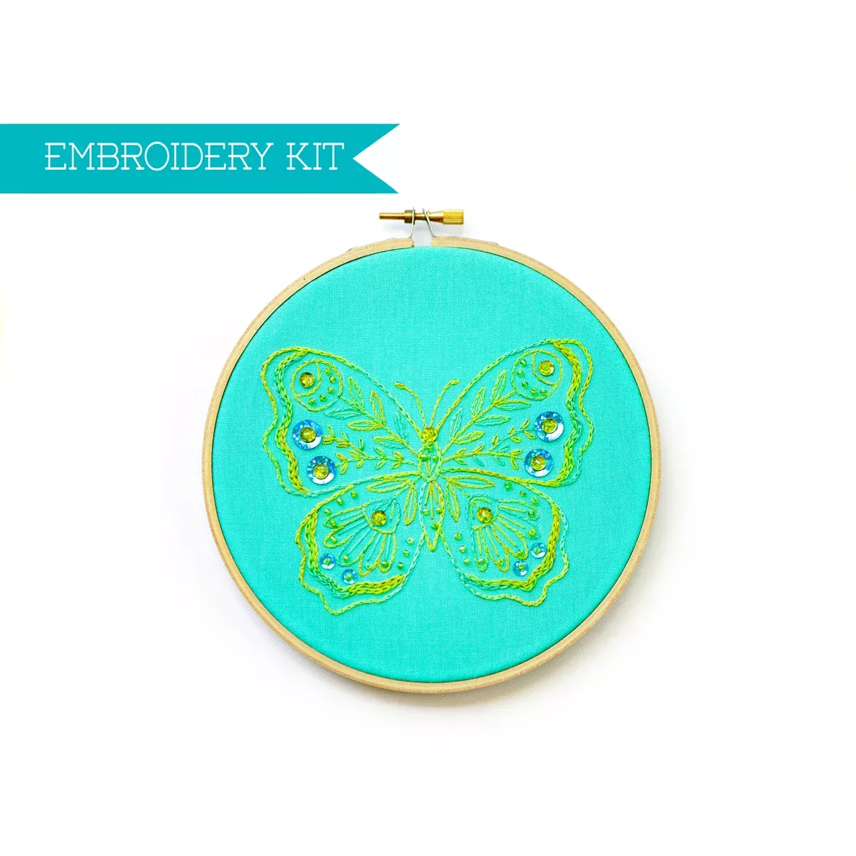 Beautiful Butterfly 6-inch AQUA Embroidery Supply Kit