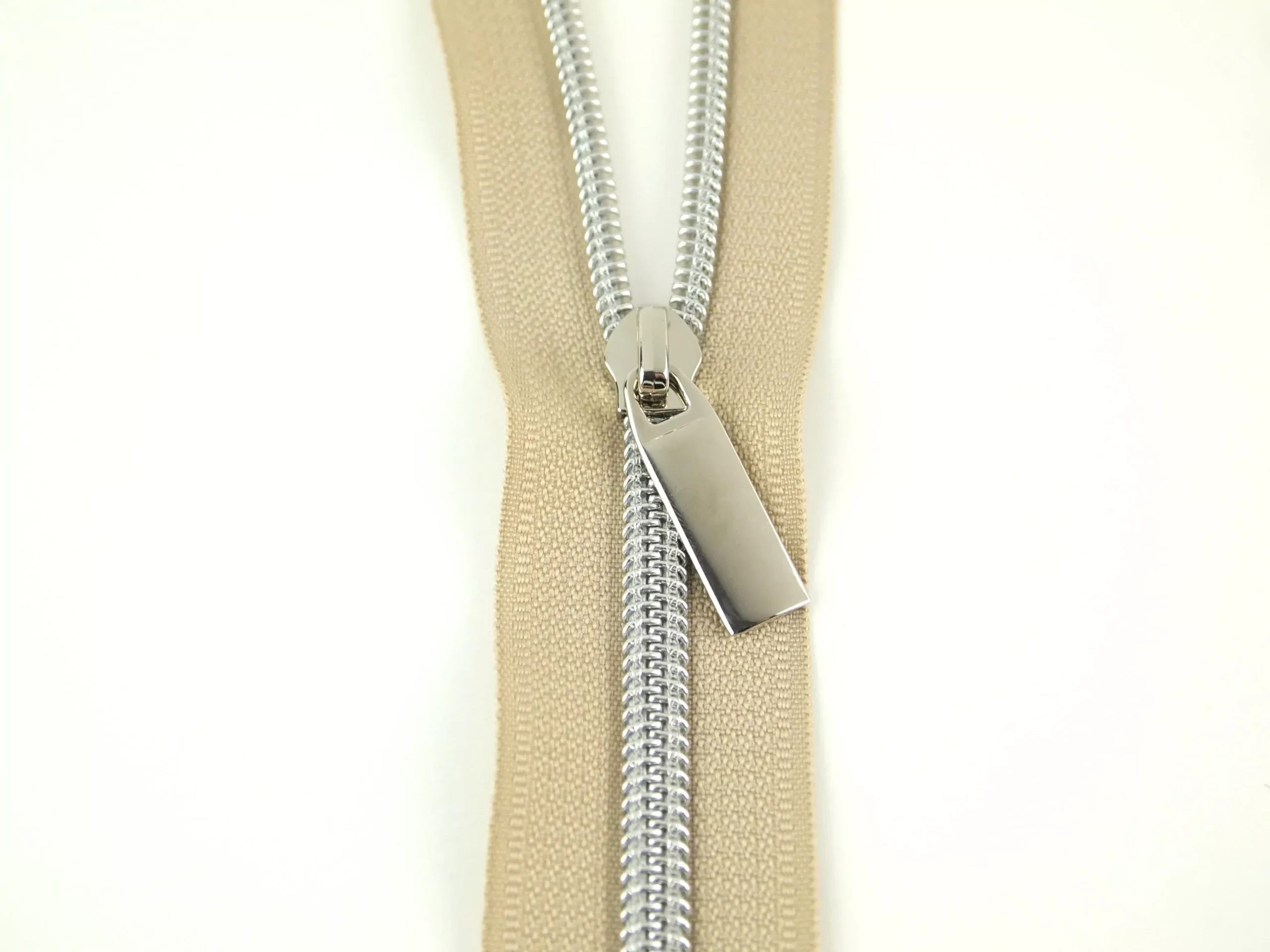 Beige #3 Nylon Nickel Coil Zippers: 3 Yards with 9 Pulls