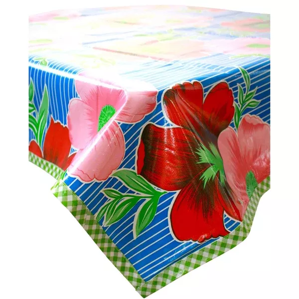 Big Flowers and Stripes Blue Oilcloth Tablecloths