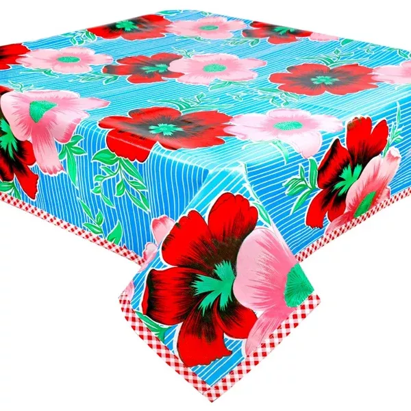 Big Flowers and Stripes Light Blue Oilcloth Tablecloths