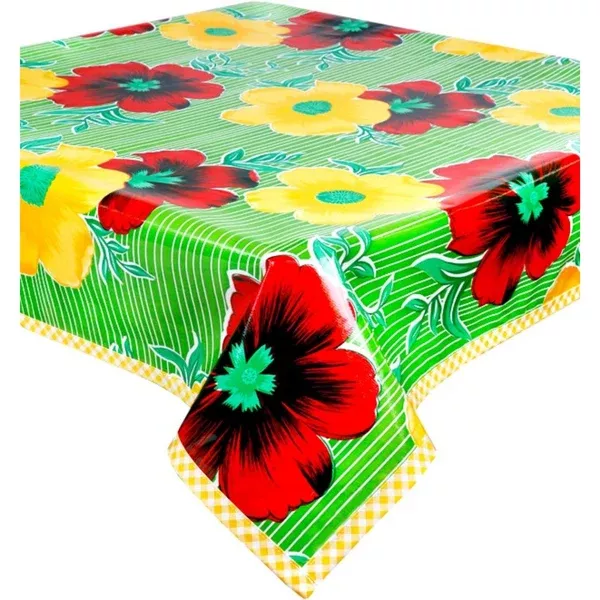 Big Flowers and Stripes Lime Green Oilcloth Tablecloths