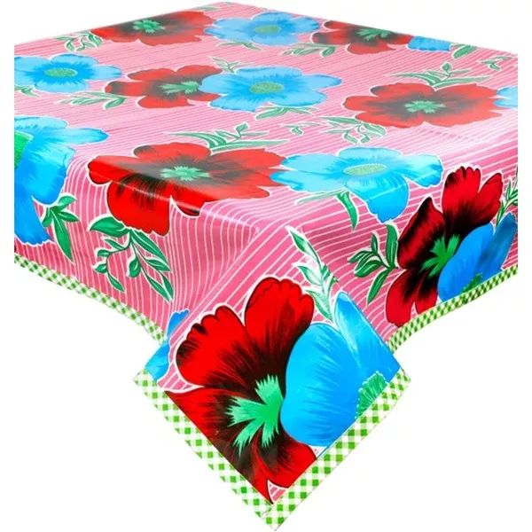 Big Flowers and Stripes Pink Oilcloth Tablecloths