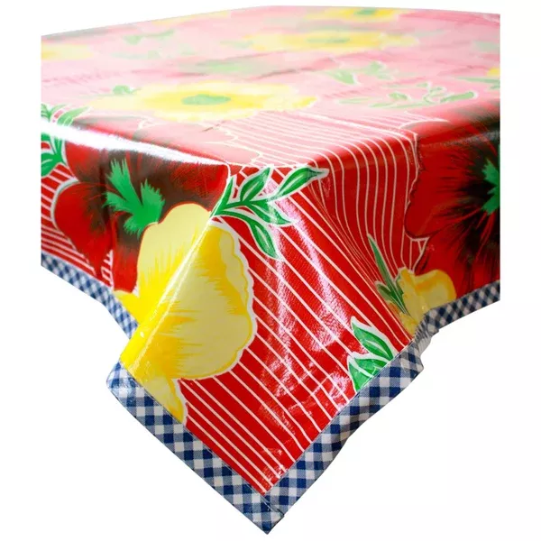 Big Flowers and Stripes Red Oilcloth Tablecloths