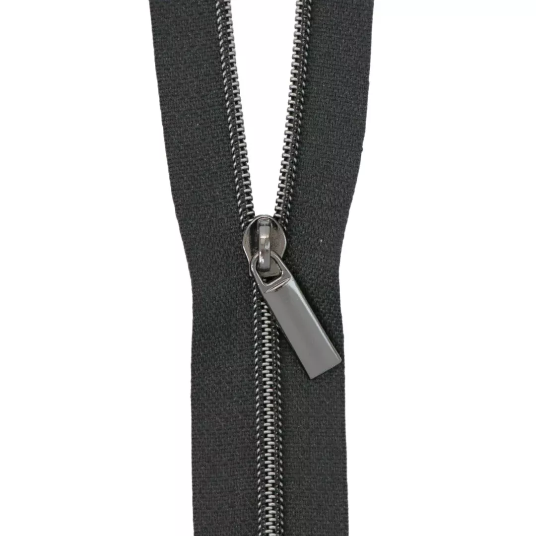 Black #3 Nylon Gunmetal Coil Zippers: 3 Yards with 9 Pulls