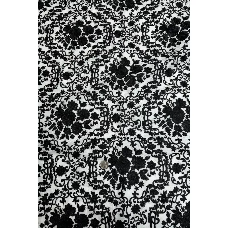Black Flowers on White Embroidered Silk