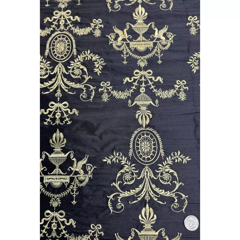 Black/Gold Embroidered Dupioni Silk