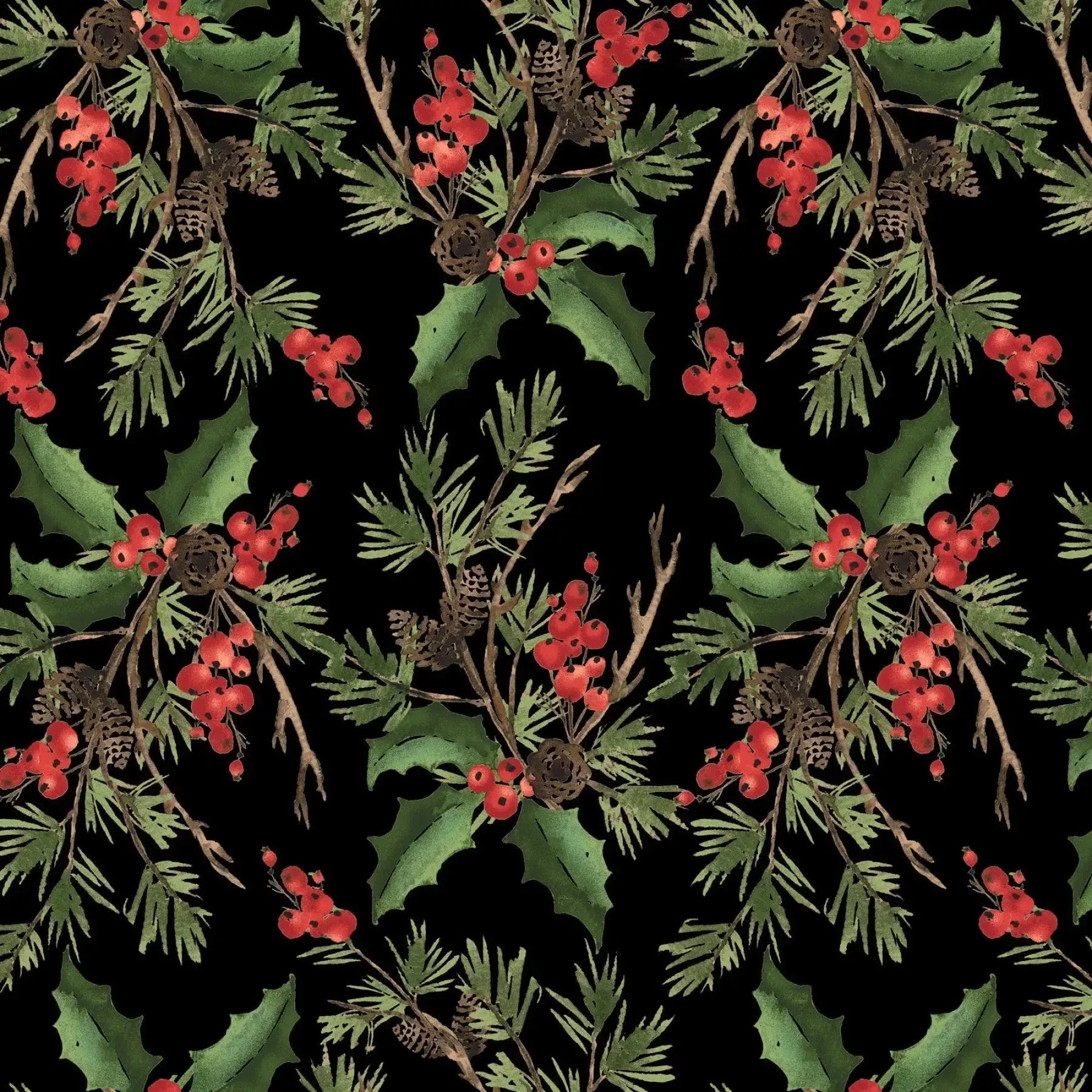 Black Holly Bouquet Cotton Wideback Fabric per yard