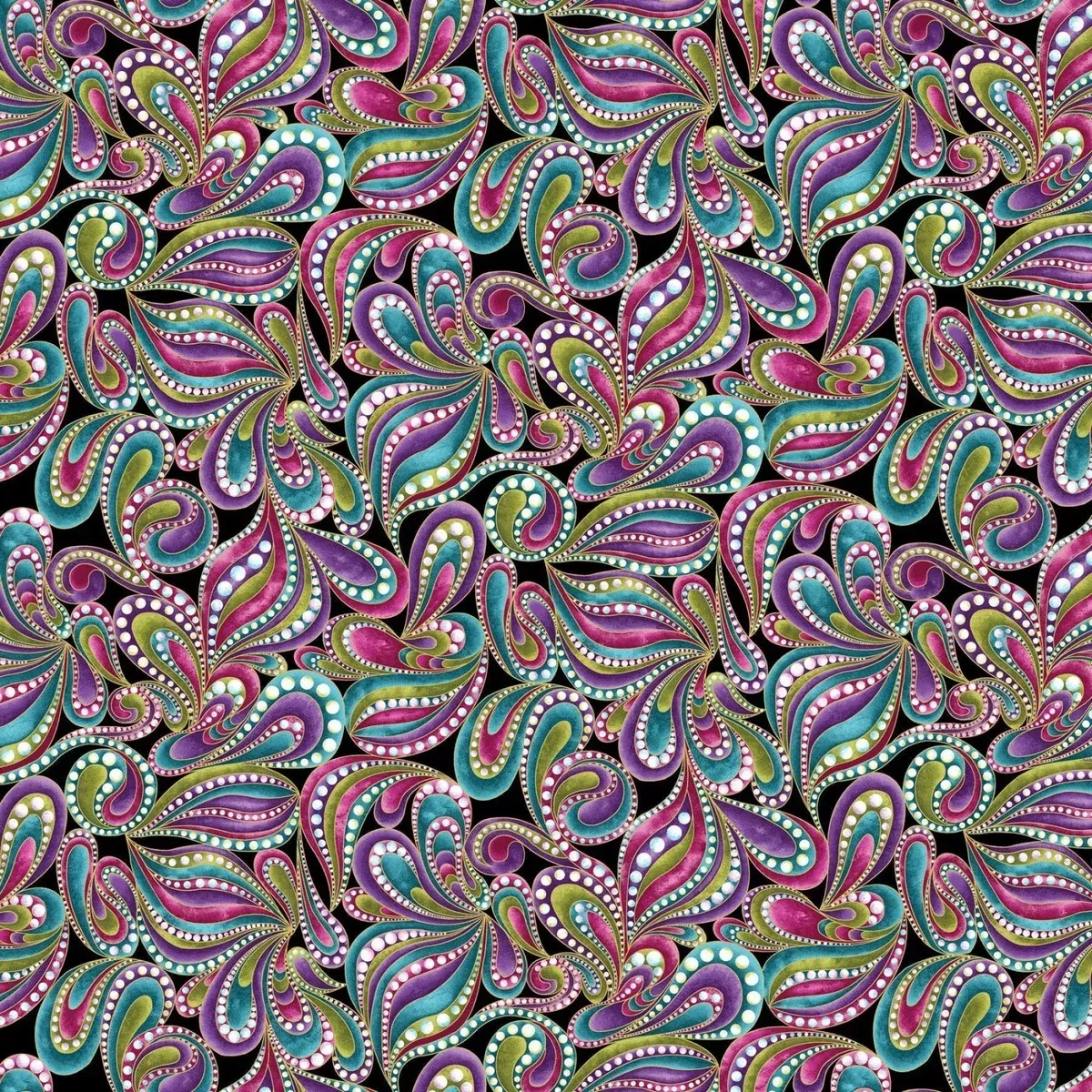 Black Multi Paisley Style Cotton Wideback Fabric Per Yard