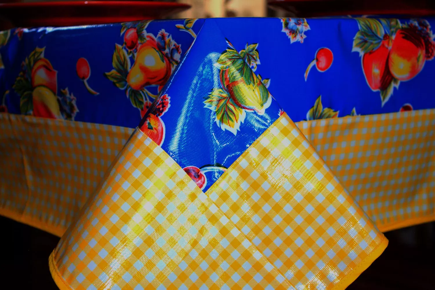 Blue Apples And Pears and Yellow Gingham Tablecloth - 84'' x 56"