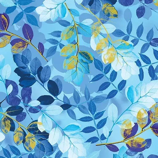 Blue Ethereal Leaves Cotton 44″/45″ Fabric Per Yard