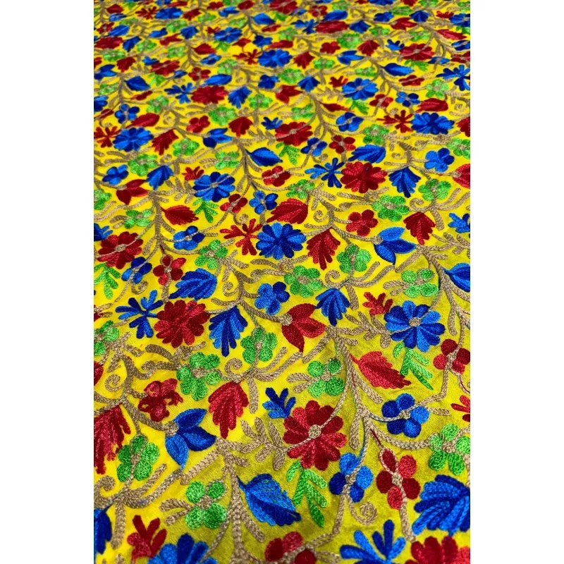 Blue-Red Flowers on Mustard Embroidered Silk