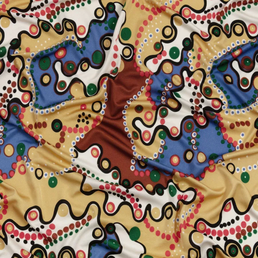 Blue, Tan and Brown Amoeba Medley Abstract Silk Jersey Fabric