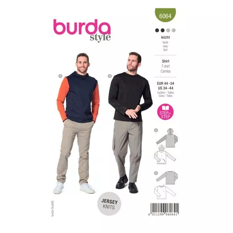 Burda 6064 - Men's Classic Sweatshirt with Hood or Neckband Sewing Pattern