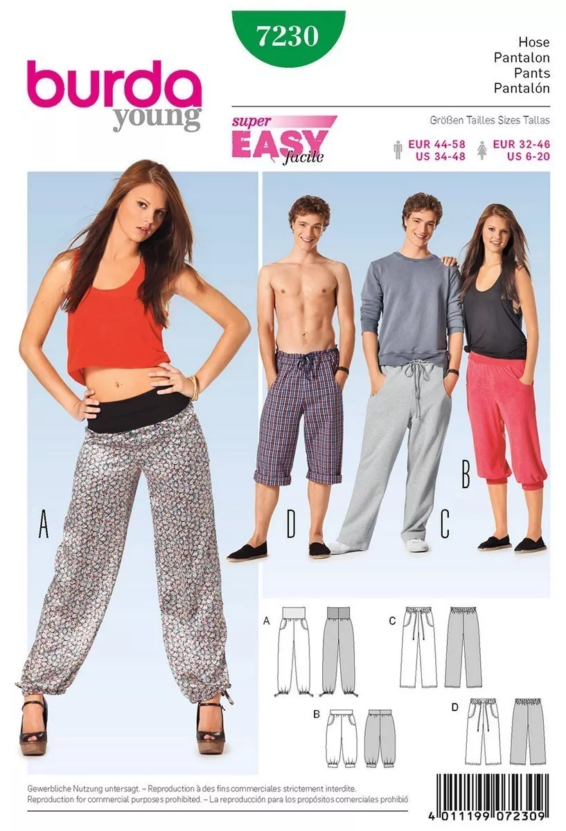 Burda 7230 - Super Easy Unisex Casual Pant Sewing Pattern