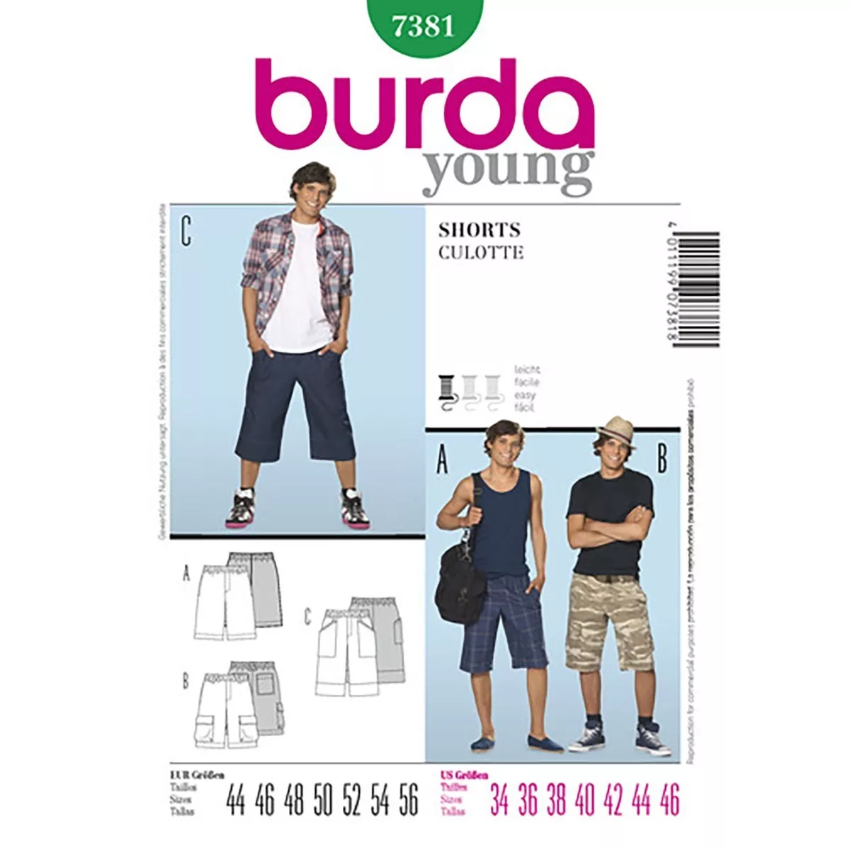 Burda 7381 - Men's Youthful Shorts Sewing Pattern