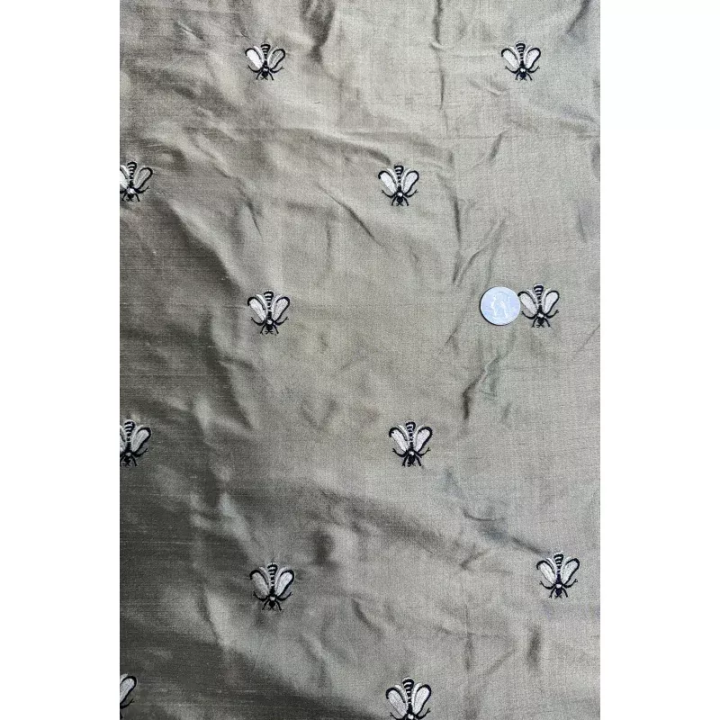 Butterfly on Light Gold Shantung Embroidered Dupioni Silk
