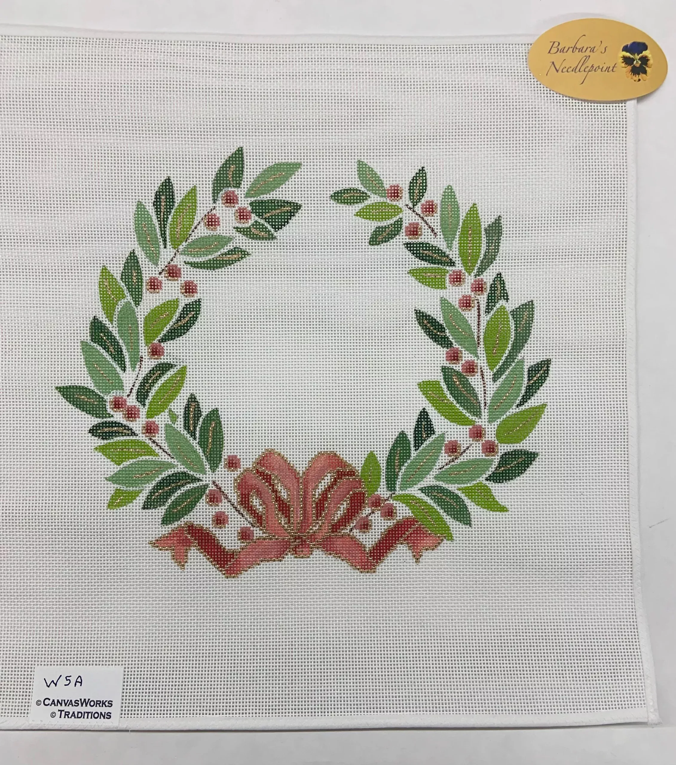 Canvas Works Olive Leaves Wreath with Coral Ribbon