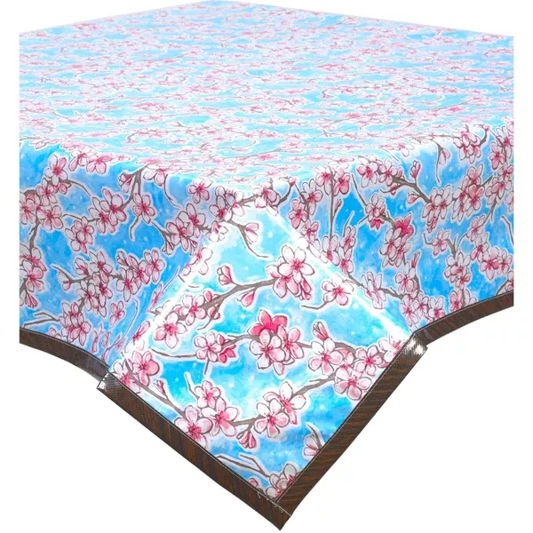 Cherry Blossom Light Blue Oilcloth Tablecloths