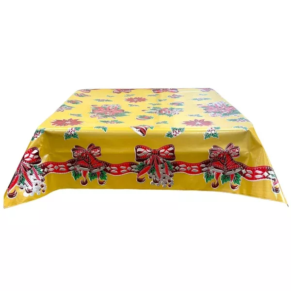 Christmas Bells and Bows Gold Oilcloth Tablecloths