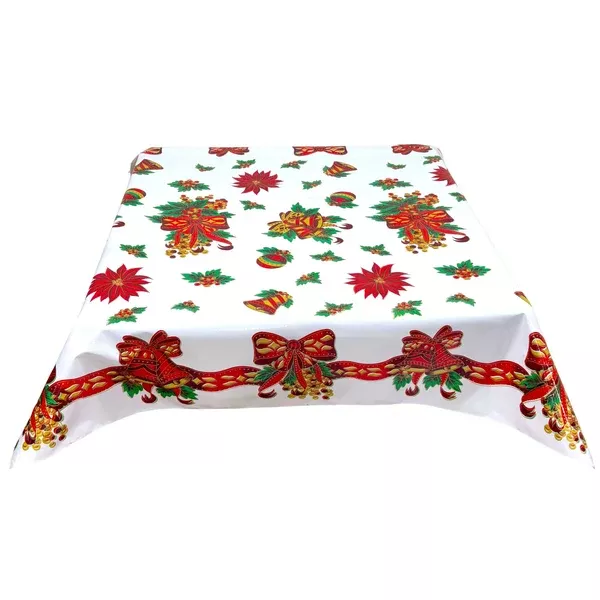 Christmas Bells and Bows White Oilcloth Tablecloths