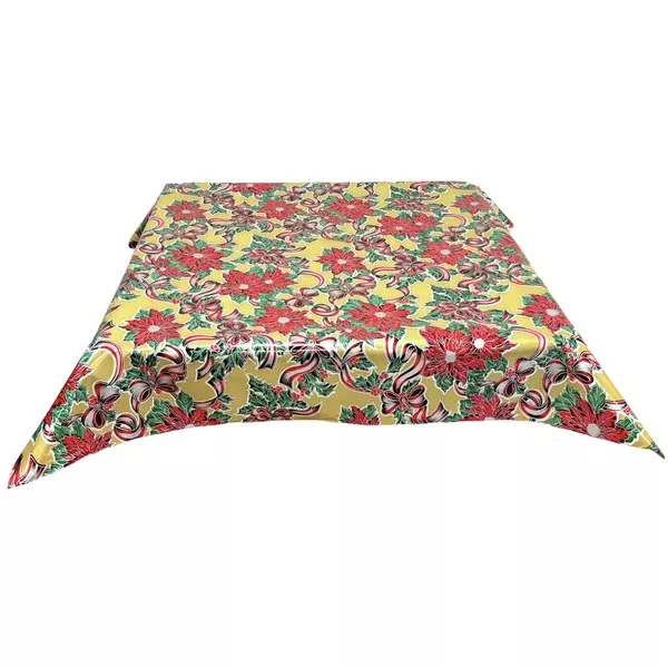 Christmas Ribbons and Holly Gold Oilcloth Tablecloths