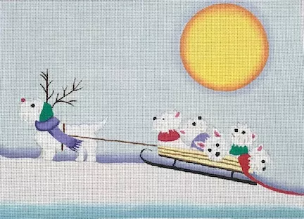 Cindi Lynch Needlepoint – Westies Family on Sled