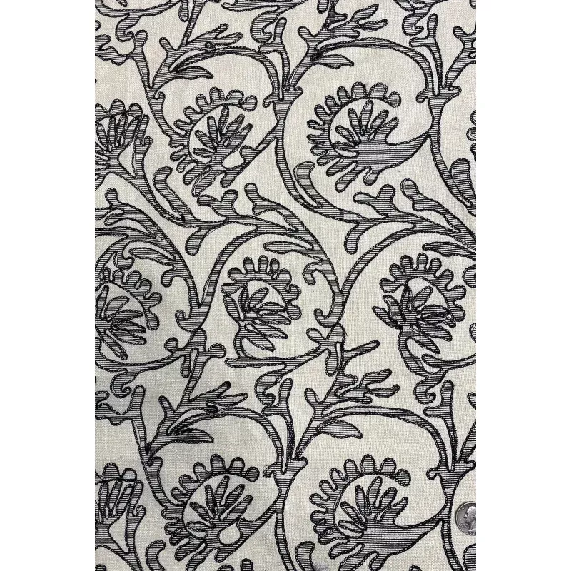 Cream & Black Embroidered Silk Linen MEMT-033-01