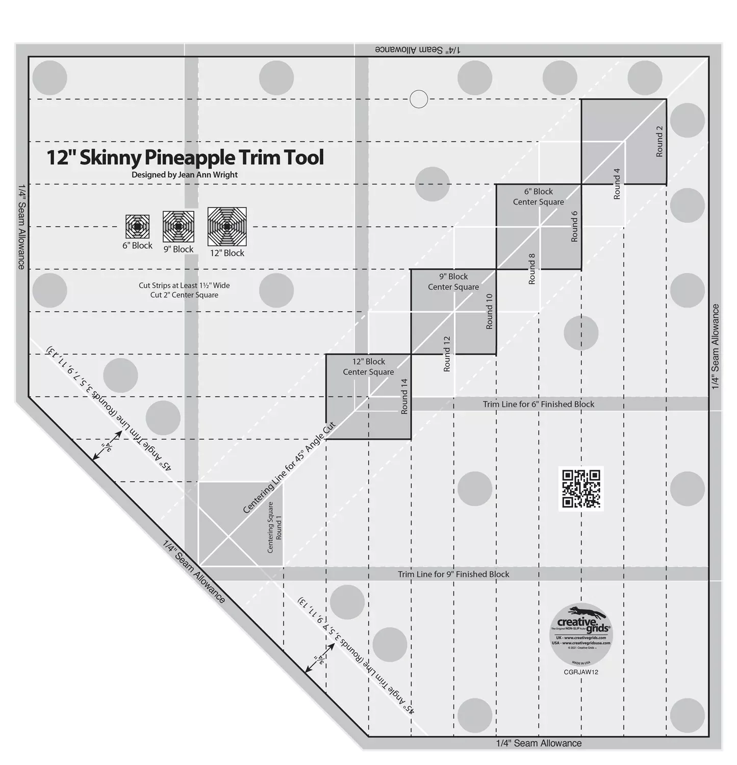 Creative Grids Quilt Ruler 12in Skinny Pineapple Trim Tool