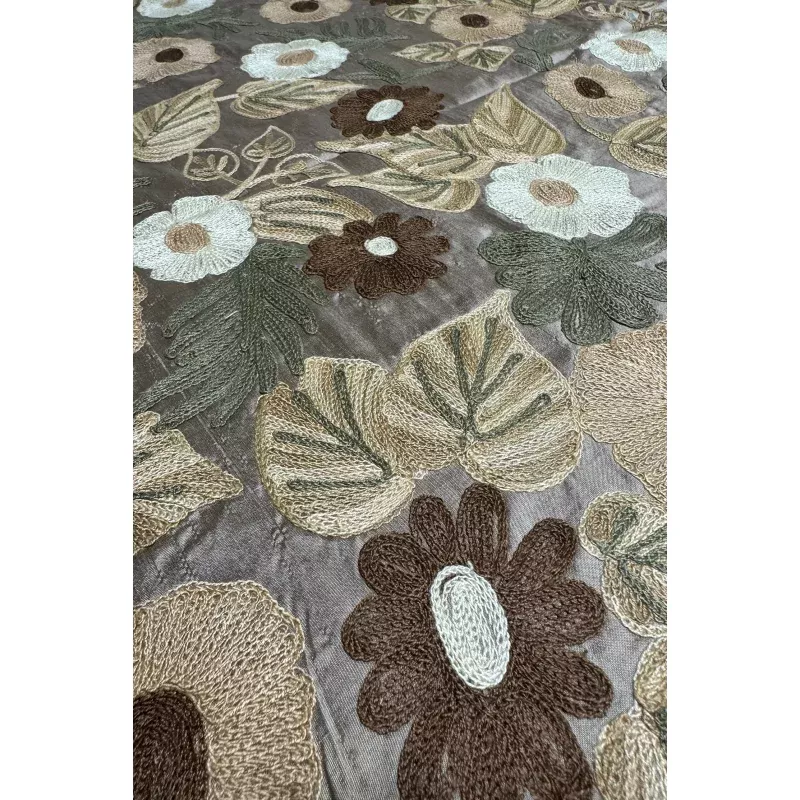 Crewel Flowers on Light Gold Embroidered Silk