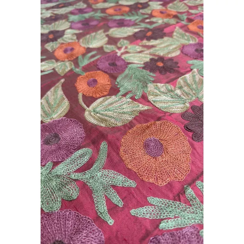 Crewel Flowers on Red Embroidered Silk