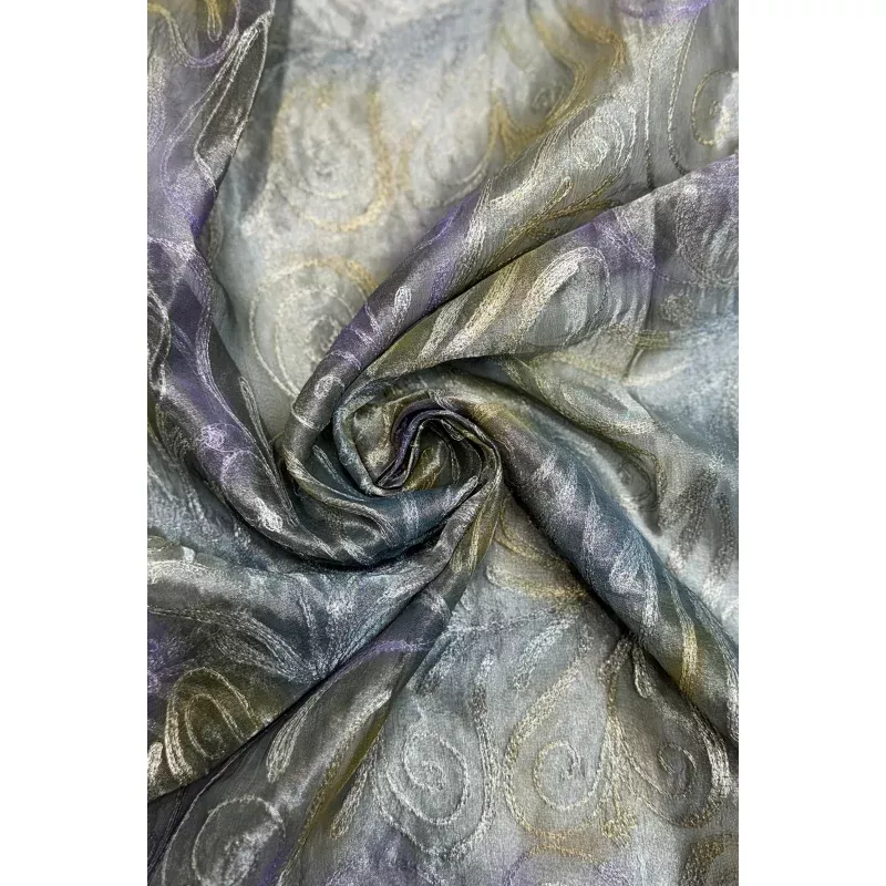 Dark Gold Organza with Multicolor Paisley Thread Tissue Metallic Embroidery