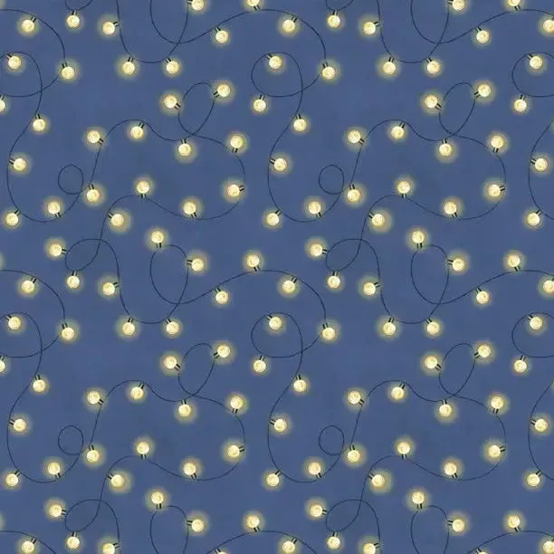 Evergreen Escape String Lights All Over Navy Cotton 44″/45″ Fabric Per Yard