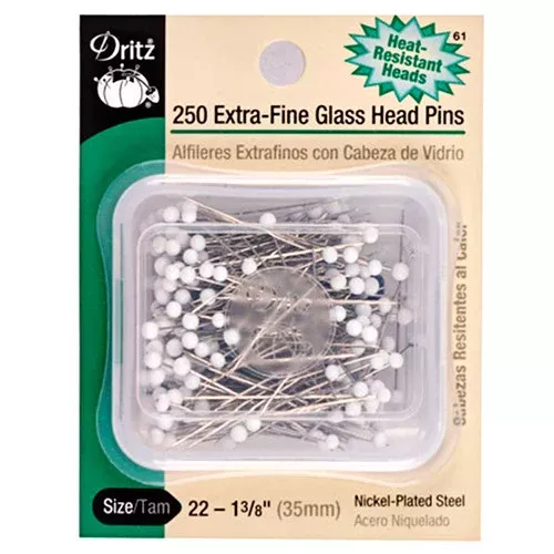 EXTRA FINE GLASS HEAD PINS ~ 250 Count ~ DRITZ ~ 1 3/8″ Pins
