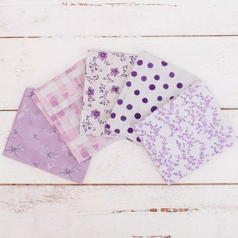 Fat Quarter Bundle – Five White & Purple Precut Cotton Fabrics