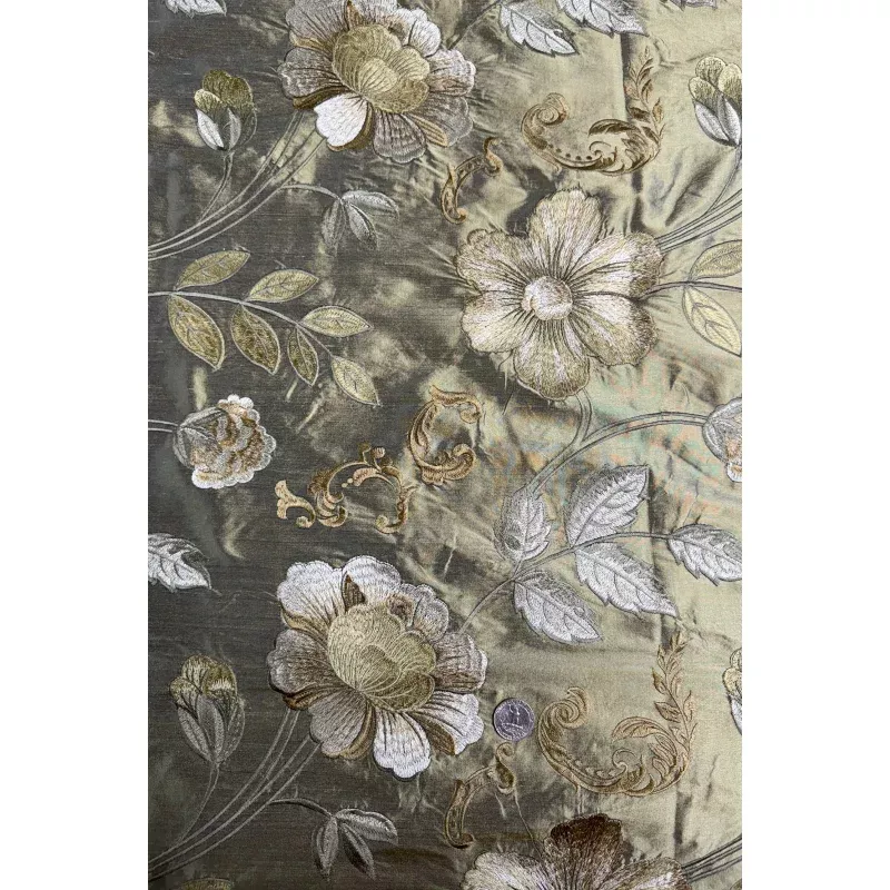 Flower on Moss Gold Embroidered Silk