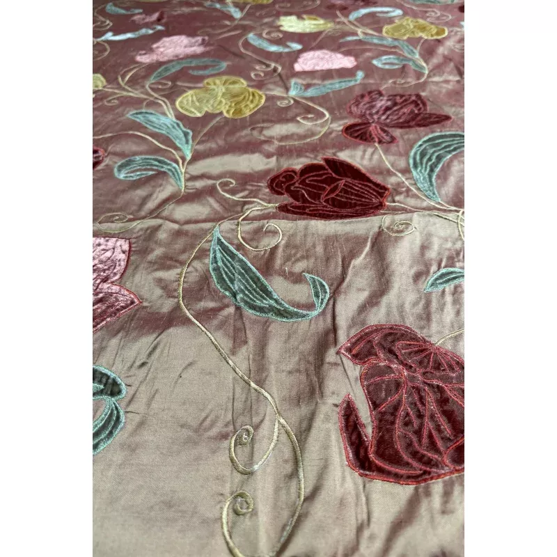 Flowers on Red Bronze Embroidered Silk
