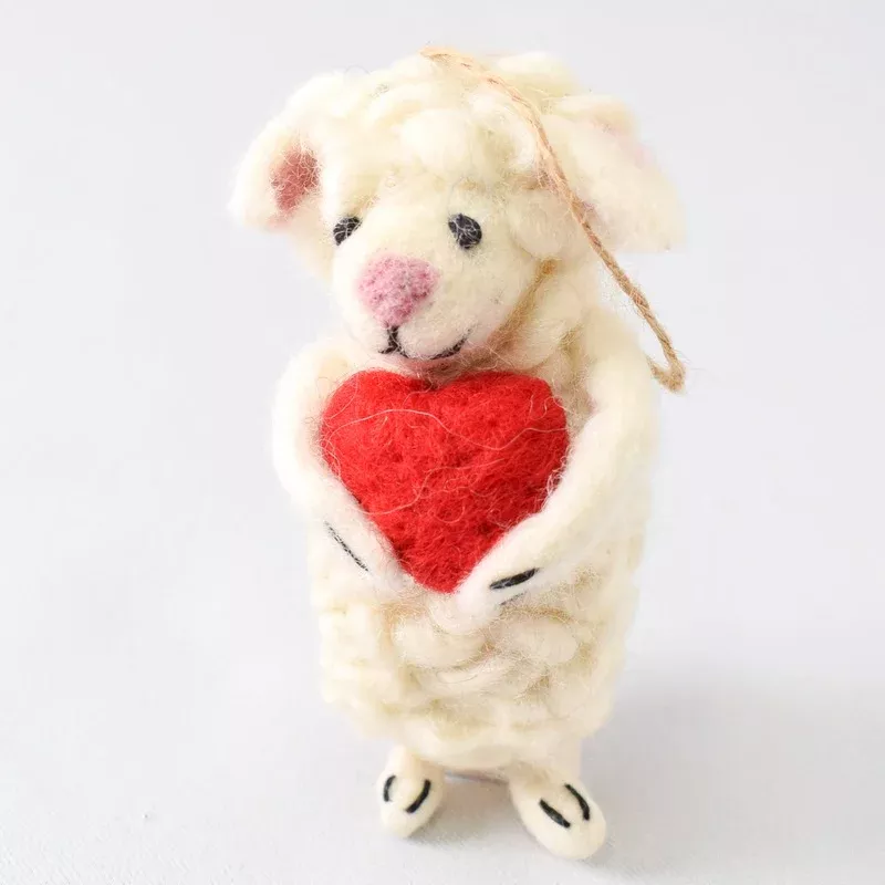 Ganapati Felt Ornament – Fluffy Sheep Holding Heart
