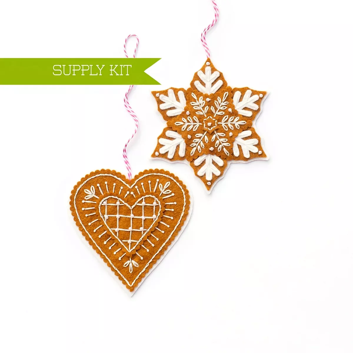 Gingerbread Snowflake and Heart Wool Felt Ornament Supply Kit