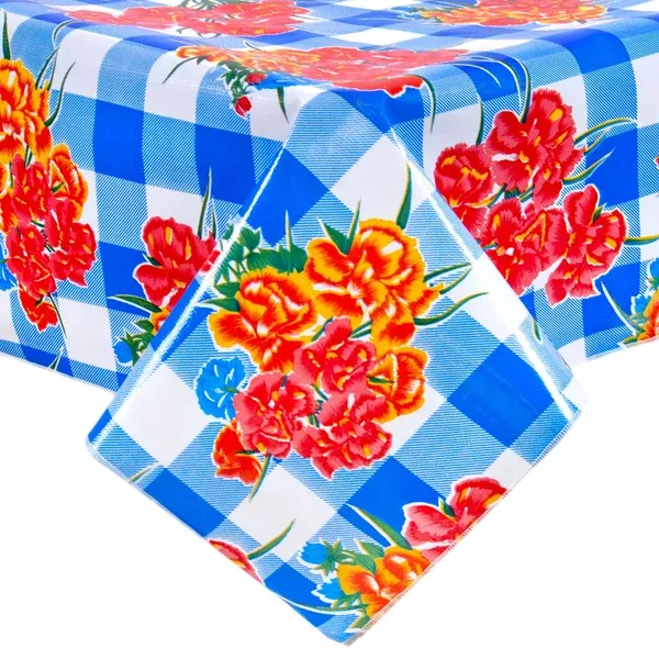 Gingham and Flowers Blue Oilcloth Tablecloths