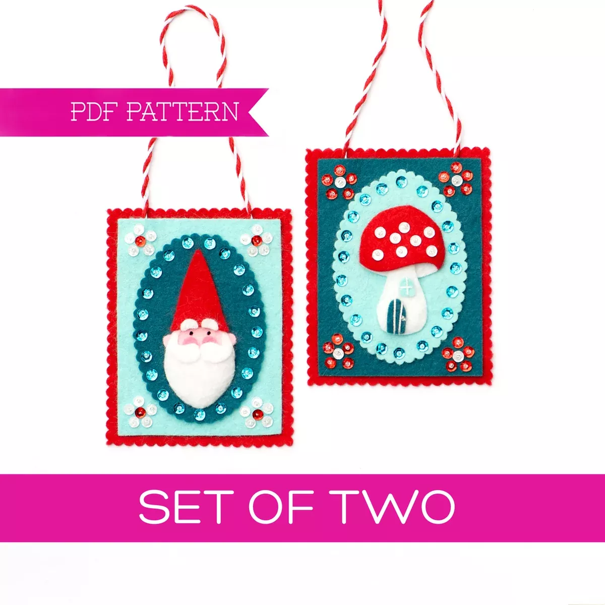 Gnome and Red Mushroom Wool Felt Ornament PDF Pattern - Set of TWO