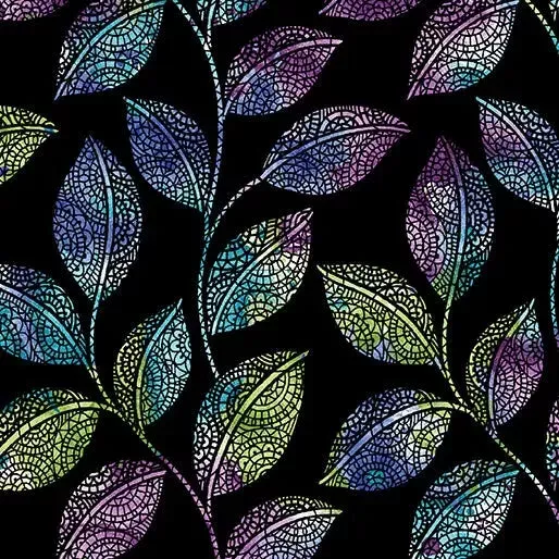 Go with the Flow Mosaic Leaves Black/Multi Cotton 44″/45″ Fabric Per Yard